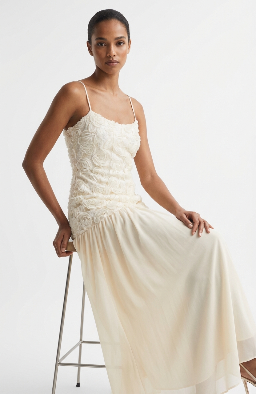 AI-generated on-model imagery — ivory rosette dress