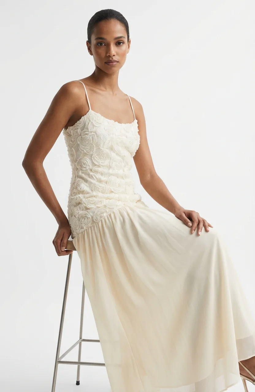 AI-generated on-model imagery — ivory rosette dress
