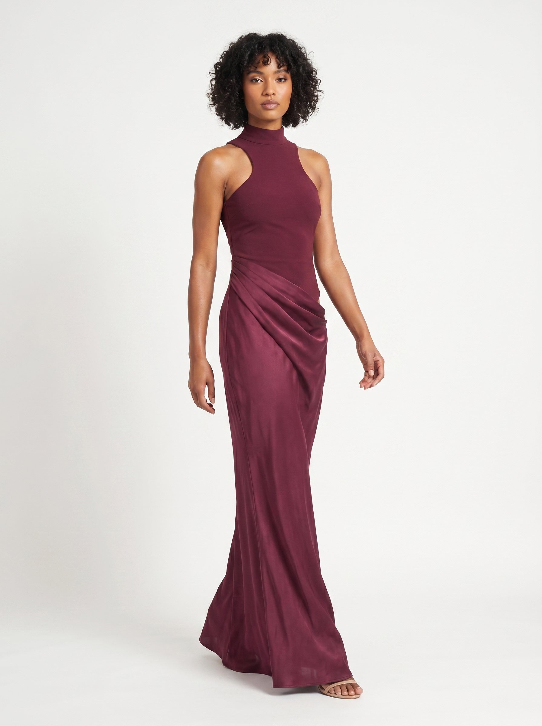 AI-generated on-model imagery — red dress