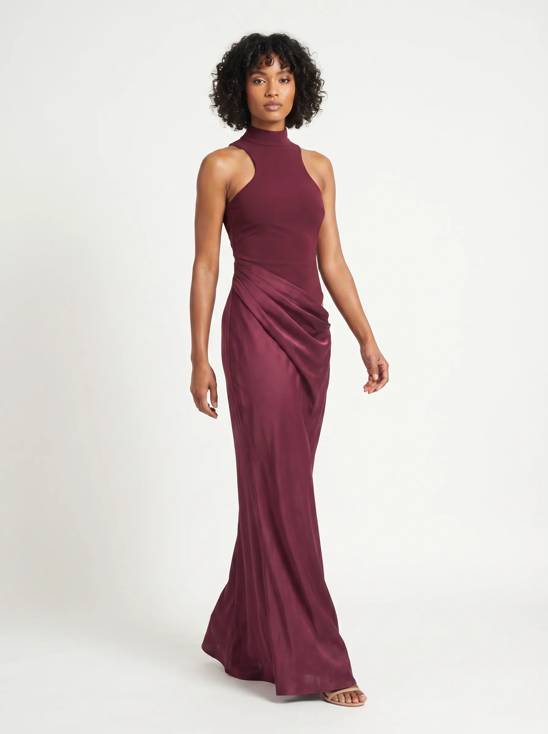 AI-generated on-model imagery — red dress